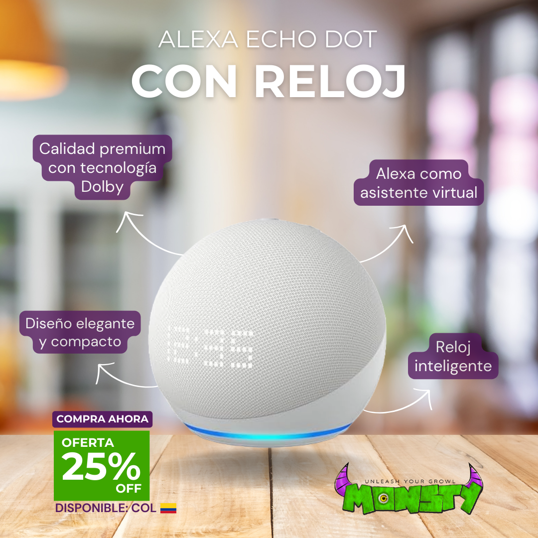 Hub inteligente Alexa Echo Dot Reloj (5a generación) +1 Bombillo LED inteligente