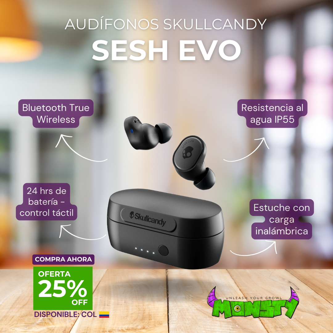 Audifonos bluetooth SKULLCANDY SESH EVO True Wireless carga inalámbrica 24 hrs IP55 resistente al agua