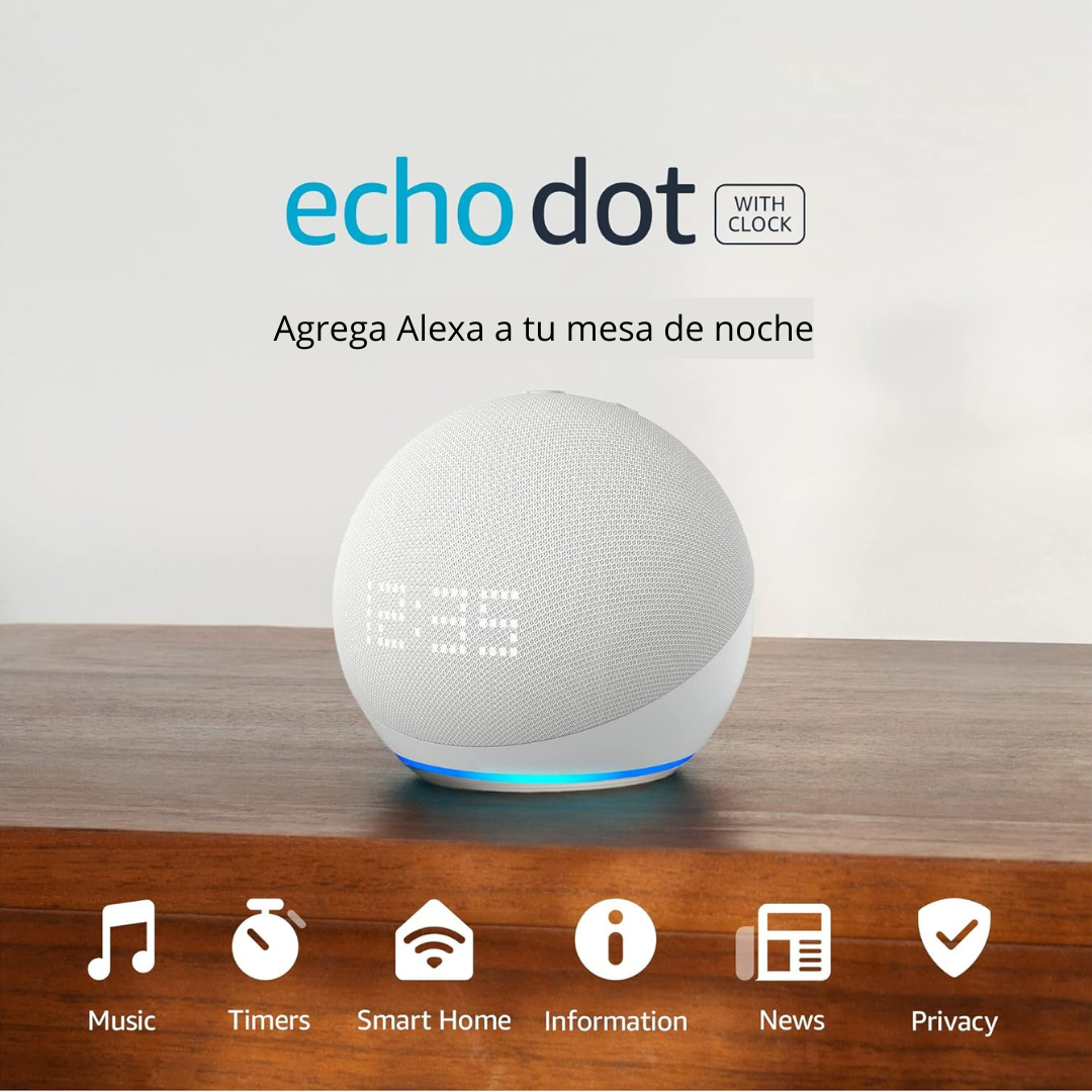 Hub inteligente Alexa Echo Dot Reloj (5a generación) +1 Bombillo LED inteligente